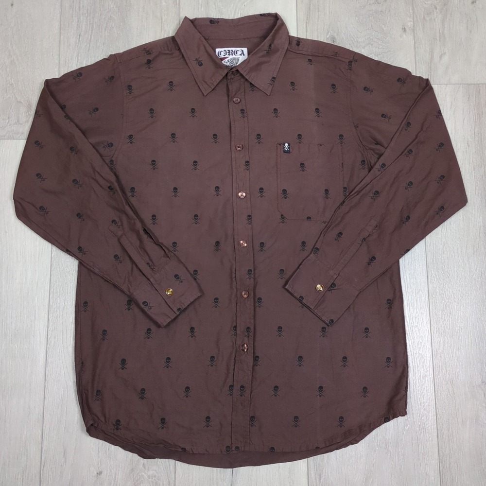 Circa Skate Button Up Shirt Mens Large Brown All Over Skulls Cross Bones C1rca